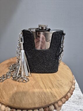 Wild Eye Designs Black Glitter Crossbody Flask Purse with Silver Chain